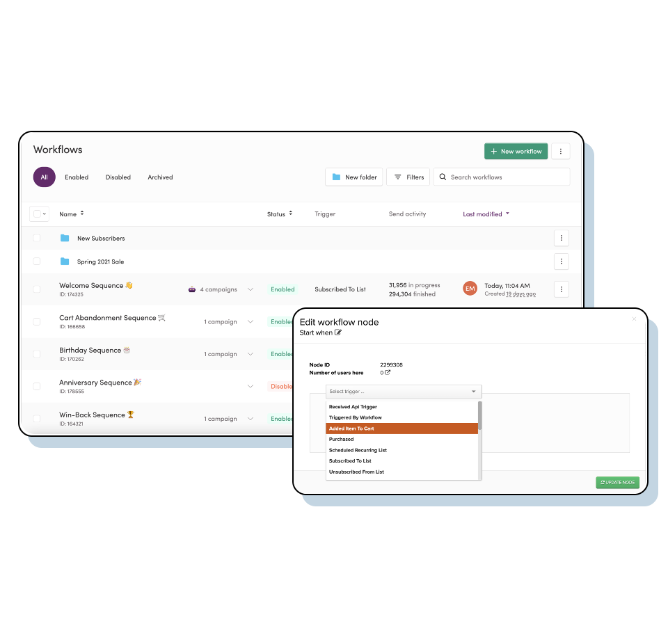 Iterable's drag-and-drop Workflow Studio allow you to automate triggers and activate messaging across all channels in a single platform