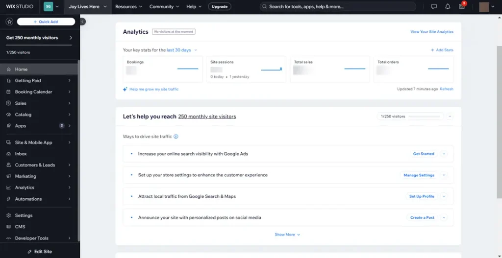 Dashboard Wix E-commerce