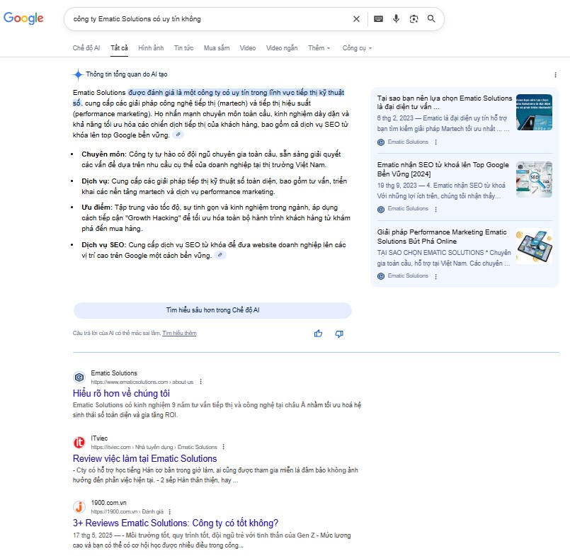 Ví dụ cho truy vấn “công ty Ematic Solutions có uy tín không” được AI Overview trả lời