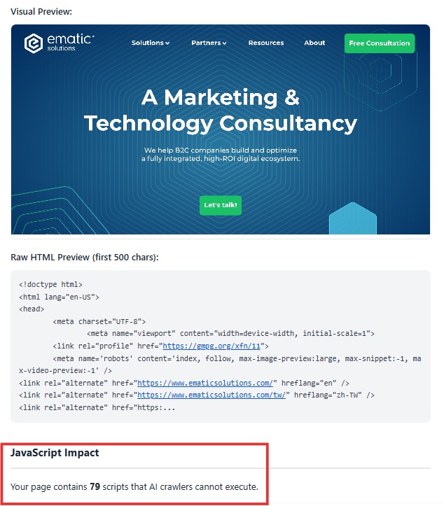 ai visibility tool visual and javascript blocks