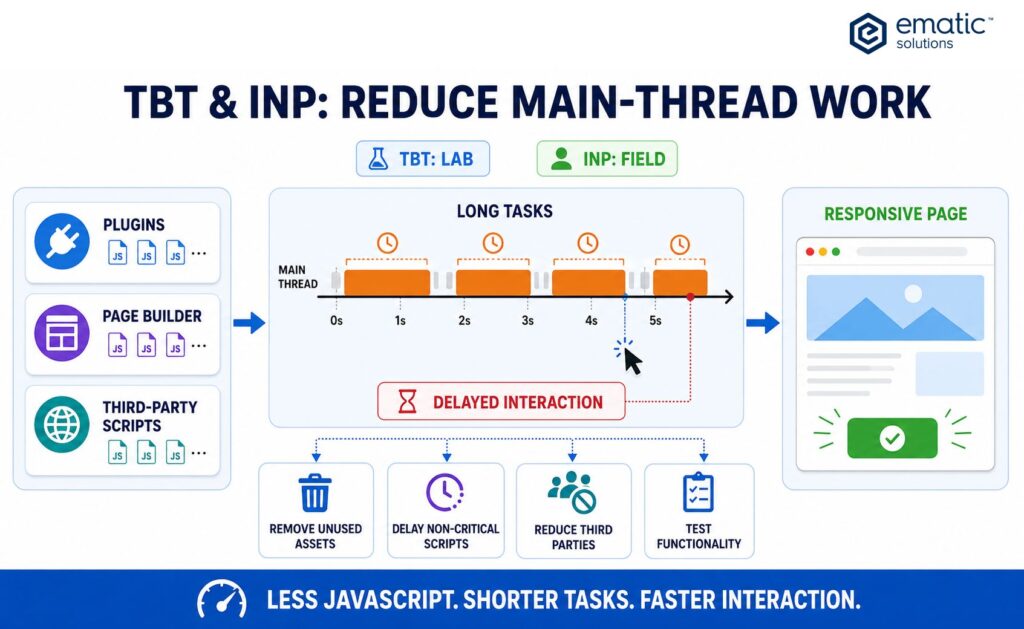 High TBT or poor responsiveness: reduce main-thread work